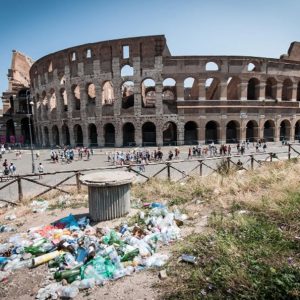 Rubbish strewn across the ground by the Colosseum in Rome. Image credit: The Points Guy