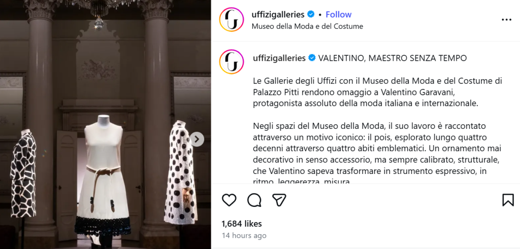 Uffizi galleries Instagram post following the death of Valentino