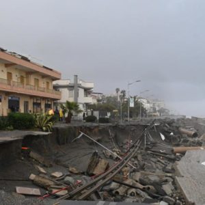 Italy declares State of Emergency for Calabria, Sicily and Sardinia State of Emergency declared on Sicily,and Sardinia and in Calabria following storm damage. Image shows broken coastal road following storms. Image credit: EFE/EPA/CARMELO IMBESI