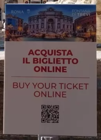 Sign with QR code for tickets to have close access to Trevi Fountain.