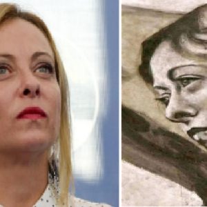 An image of Giorgia Meloni in comparison to the angel's face, part of the fresco restoration fiasco.