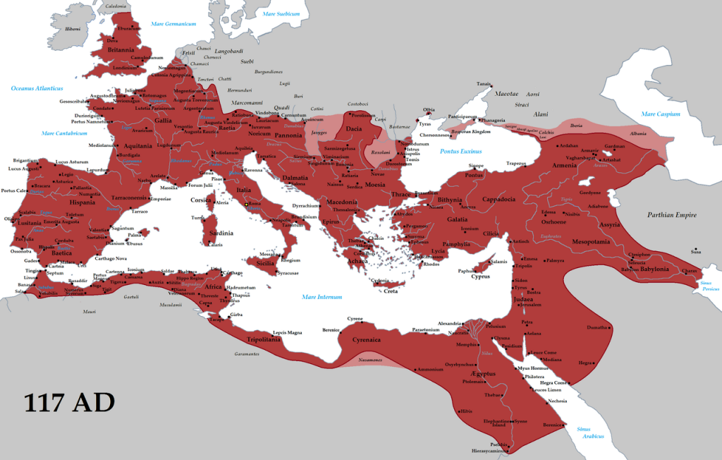 The Roman Empire (red) and its clients (pink) in 117 AD during the reign of emperor Trajan. By Tataryn - Own work, CC BY-SA 3.0, https://commons.wikimedia.org/w/index.php?curid=19625326