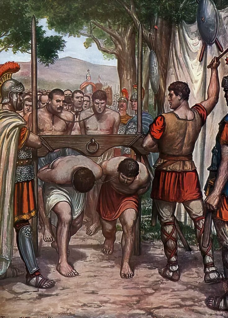 Second Samnite War, Battle of the Caudine Forks in 321 BC, the Roman army of the consuls Tiberius Veturius Calvinus symbolically pass under the yoke after their surrender 
By Tancredi Scarpelli - https://www.pinterest.ca/pin/854909941782259507/, Public Domain, https://commons.wikimedia.org/w/index.php?curid=128632597