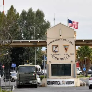 Italy reviews of use of air bases on case by case basis. Image shows entrance to Sigonella base.