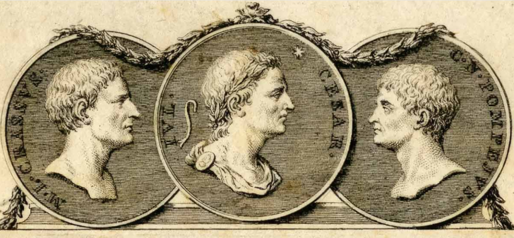 Sketch of medallions of the first triumvirate:  Marcus Licinius Crassus, Julius Caesar, Gnaeus Pompey 