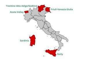 regions of Italy with 5 autonomous regions highlighted