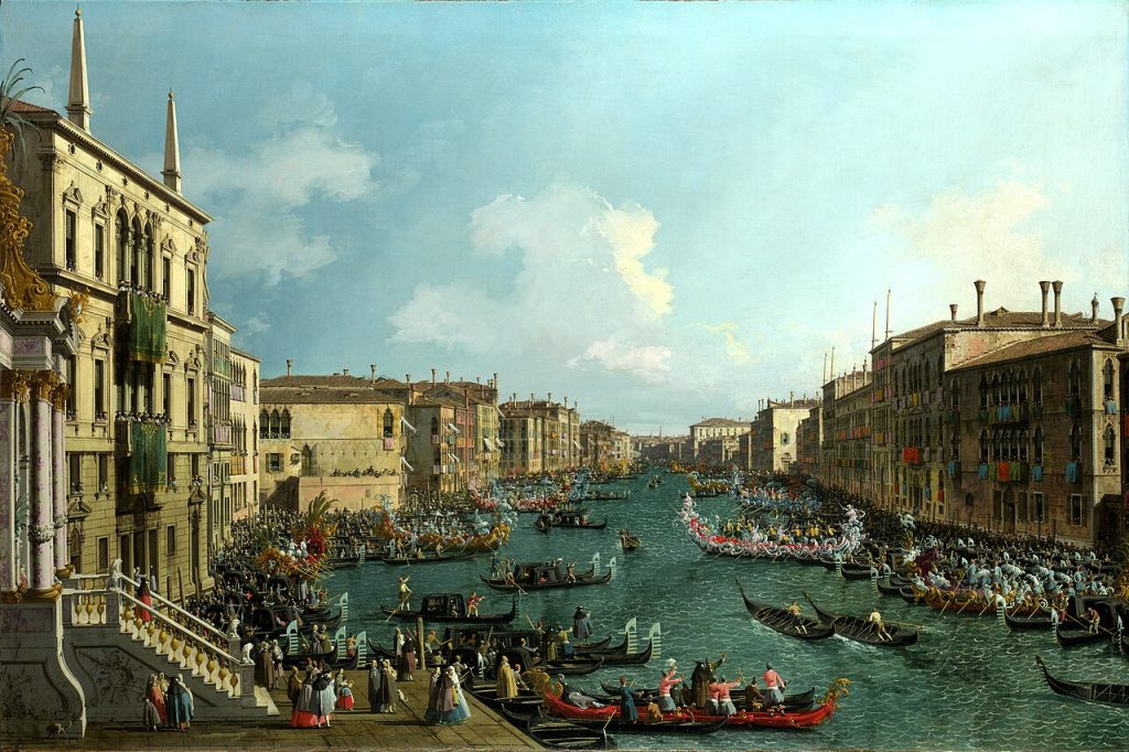 Regata viewed from Ca' Foscari Por Canaletto - 2. National Gallery, London - online catalogue.1. Web Gallery of Art:   Imagen  Info about artwork, Dominio público, https://commons.wikimedia.org/w/index.php?curid=15493986