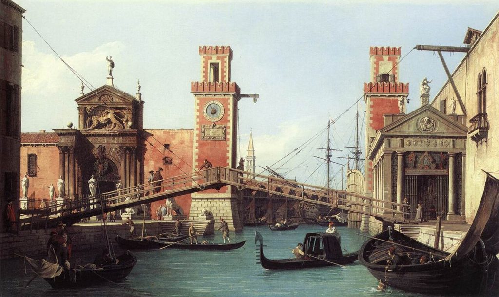 View of the Arsenal entrance Por Canaletto - Web Gallery of Art:   Imagen  Info about artwork Transferido desde en.wikipedia a Commons. ([1]) —Dacxjo 17:47, 1 March 2006 (UTC), Dominio público, https://commons.wikimedia.org/w/index.php?curid=606582