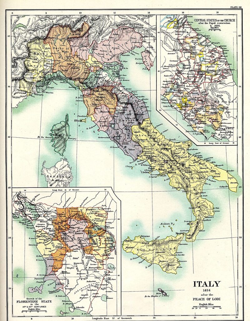 "Italy 1454 after the Peace of Lodi", Plate 68 from Reginald Lane Poole's Historical Atlas of Modern Europe.  By Reginald Lane Poole - Historical Atlas of Modern Europe, Oxford:Clarendon Press., Public Domain, https://commons.wikimedia.org/w/index.php?curid=44759378