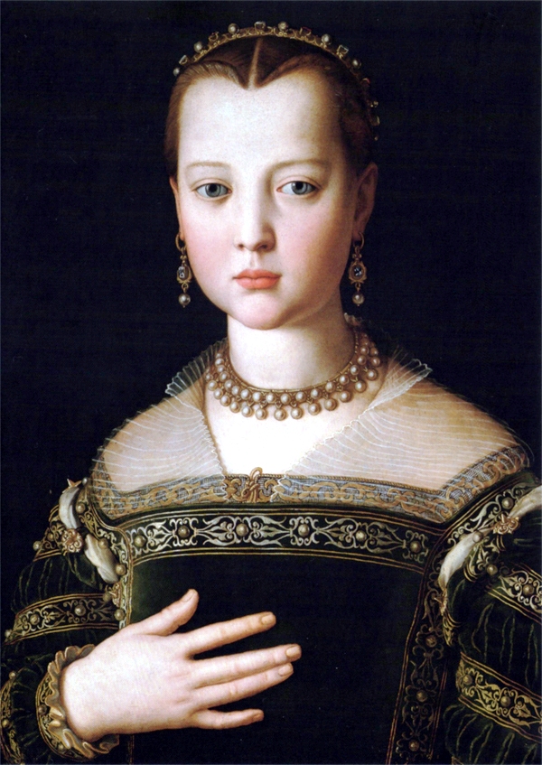 Portrait believed to be of Maria de' Medici by Agnolo Bronzino Por Bronzino - Desconocido, Dominio público, https://commons.wikimedia.org/w/index.php?curid=1226976