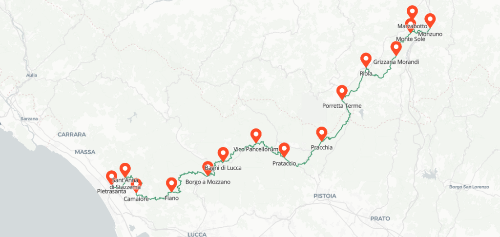 The Cammino '44 route showing different stage points. 
Image credit: www.cammino44.it