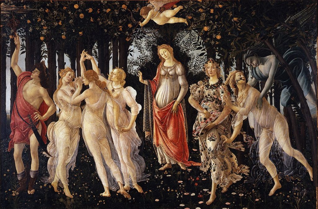 Por Sandro Botticelli - http://www.googleartproject.com/collection/uffizi-gallery/artwork/la-primavera-spring-botticelli-filipepi/331460/, Dominio público, https://commons.wikimedia.org/w/index.php?curid=7963136
