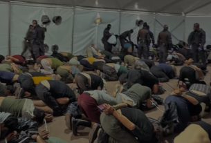 Image shows Global Sumud flotilla activists being forced to kneel whilst restrained.