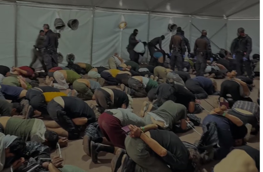 Image shows Global Sumud flotilla activists being forced to kneel whilst restrained.