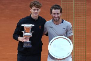 Sinner and Ruud with their trophies after Sinner won the 2026 Italian Open.