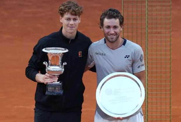 Sinner and Ruud with their trophies after Sinner won the 2026 Italian Open.