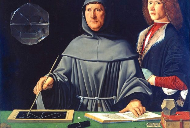 Luca Pacioli. Por Atribuido a Jacopo de'Barbari - Lauwers, Luc & Willekens, Marleen: Five Hundred Years of Bookkeeping: A Portrait of Luca Pacioli (Tijdschrift voor Economie en Management, Katholieke Universiteit Leuven, 1994, vol. XXXIX issue 3 p. 289–304) pdf, Dominio público, https://commons.wikimedia.org/w/index.php?curid=670307