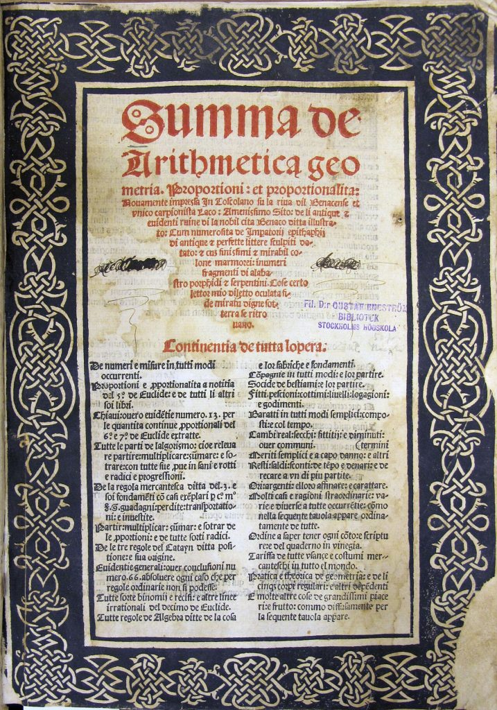 Summa de arithmetica, geometria, proportioni, et proportionalita
Por Stockholms Universitetsbibliotek from Stockholm, Sweden - Titelbladet till "Summa de arithmetica ...", CC BY 2.0, https://commons.wikimedia.org/w/index.php?curid=38104642