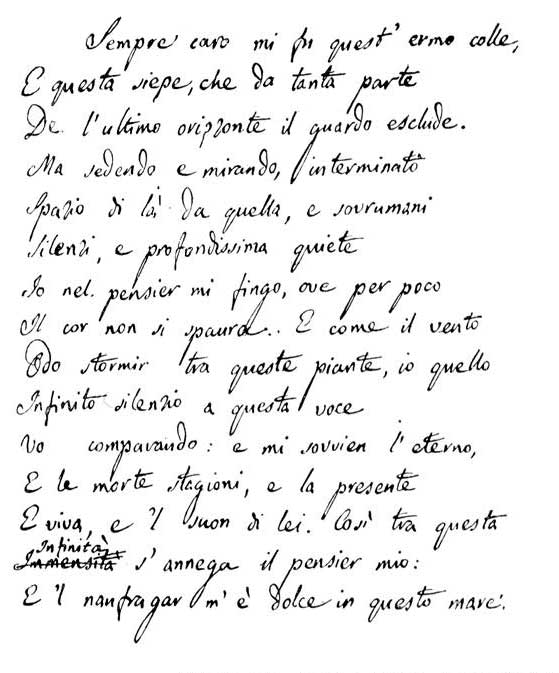 Manuscript of Giacomo Leopardi's L'infinito. Por Giacomo Leopardi (1798–1837) - "Secondo manoscritto autografo" (Visso, Archivio comunale), Dominio público, https://commons.wikimedia.org/w/index.php?curid=770180