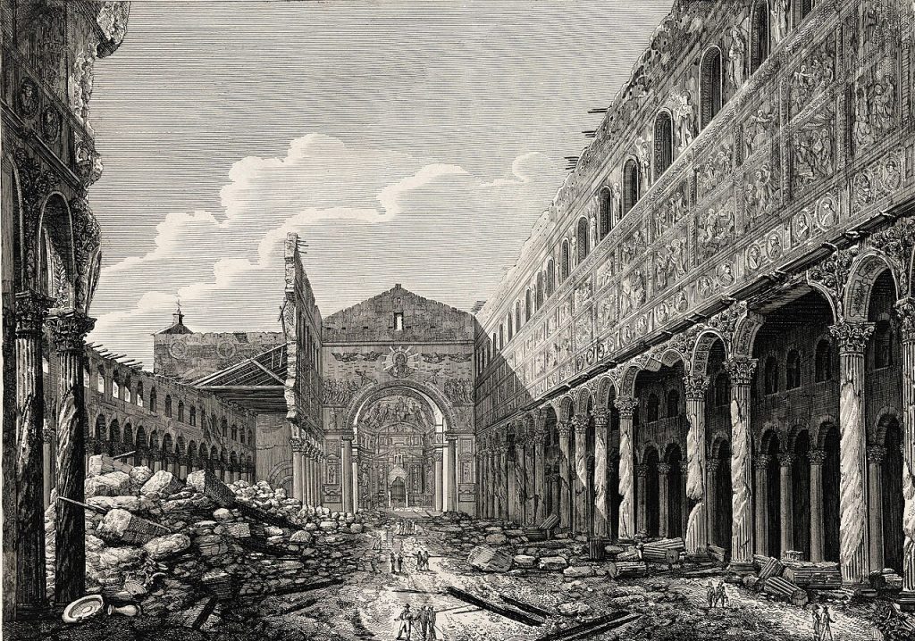Ruins of the Basilica after the fire of 1823 By Luigi Rossini - Le antichità romane - https://arachne.dainst.org/entity/16262, Public Domain, https://commons.wikimedia.org/w/index.php?curid=184388445