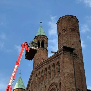 Cremona cathedral with missing spire following tornado