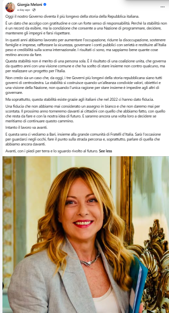 Facebook post by Giorgia Meloni on the day her government became the longest-serving in the 80 years since the formation of the Republic.