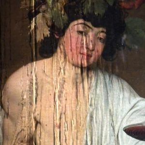 rainwater streaming down the protective casing over Caravaggio's Bacchus