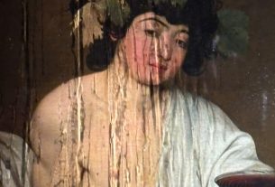 rainwater streaming down the protective casing over Caravaggio's Bacchus