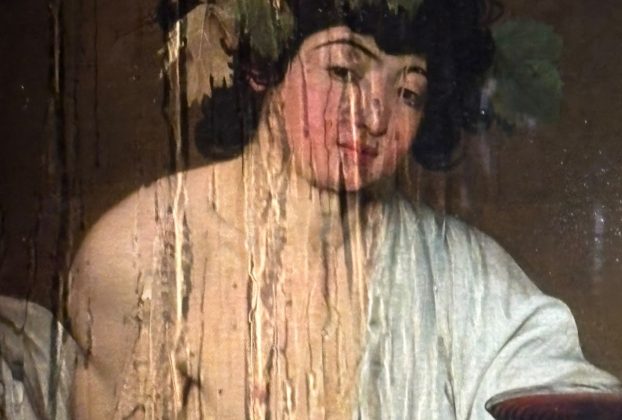 rainwater streaming down the protective casing over Caravaggio's Bacchus